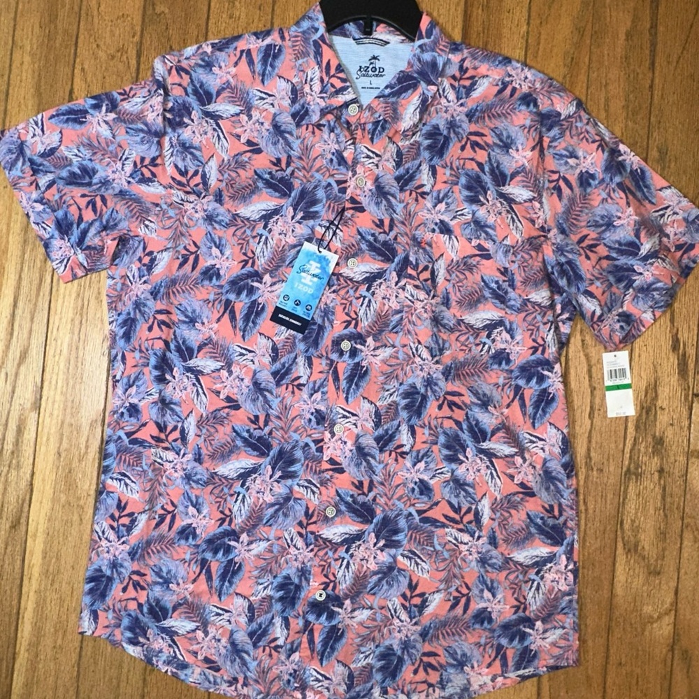 Izod Men's Tropical Leaf Shirt - Coral and Navy